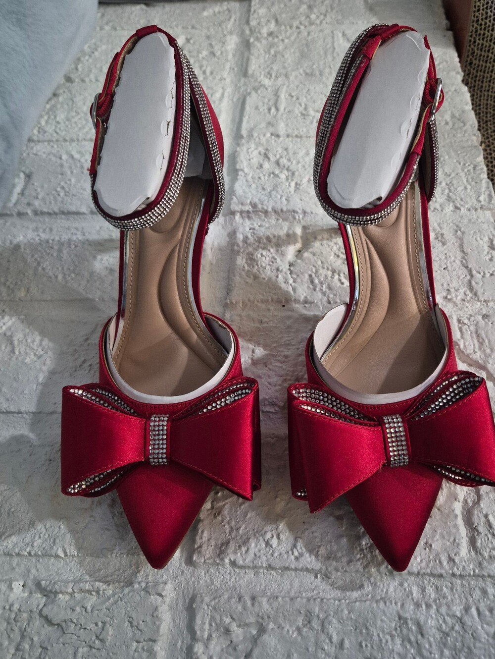 Cherry Ruby Red Satin And Rhinestone Ankle-Strap Pointed Toe Heel with Bow